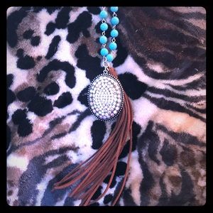 Long Faux turquoise, bling necklace and earrings